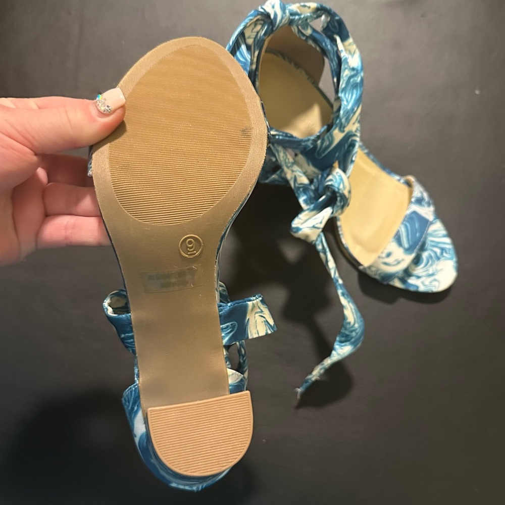 Wild Diva Satin Lace-Up Marble Block Heel Sandals - Picture 13 of 13